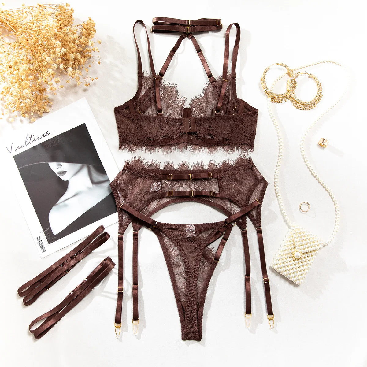 Coffee Lace 3-Piece Lingerie Set