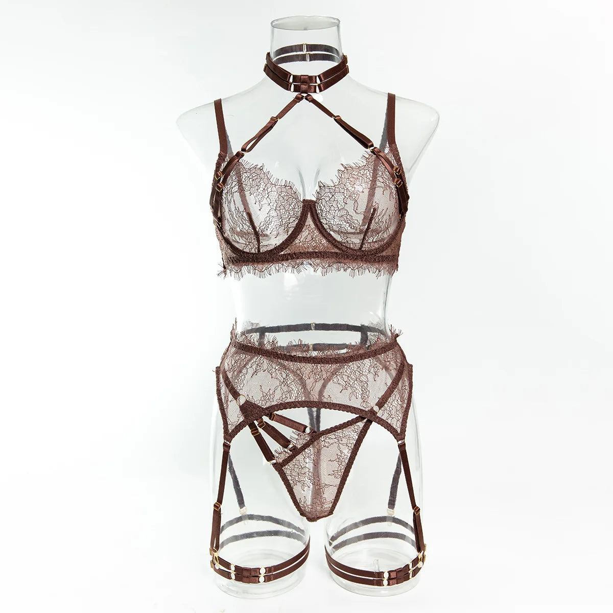 Coffee Lace 3-Piece Lingerie Set