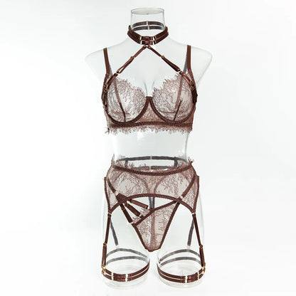 Coffee Lace 3-Piece Lingerie Set