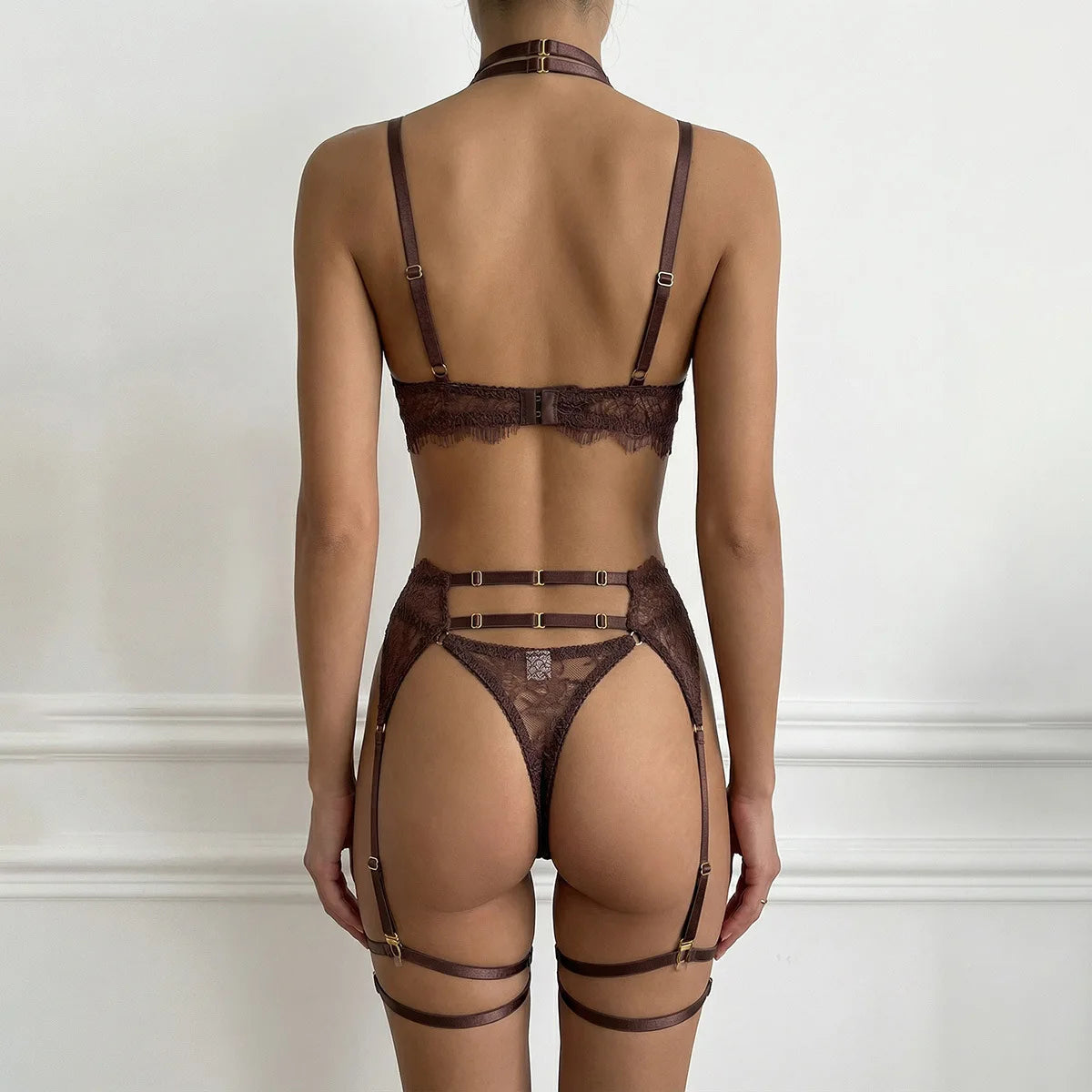 Coffee Lace 3-Piece Lingerie Set